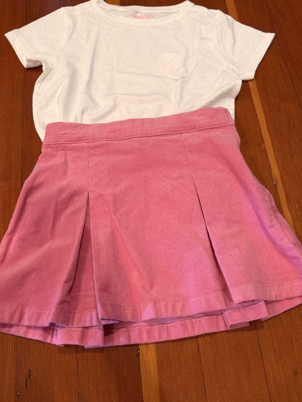 Crewcuts Girls pink pleated skirt (Size 12) and white heart pocket t-shirt (L)